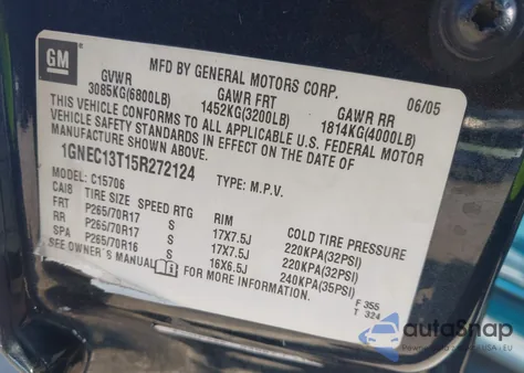 2005 Chevrolet Tahoe Lt z USA, uszkodzony, nr VIN 1GNEC13T15R272124